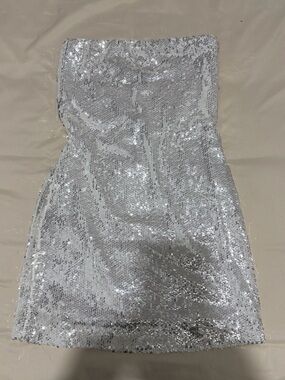 Wayf Silver Sequin Strapless Mini Dress
